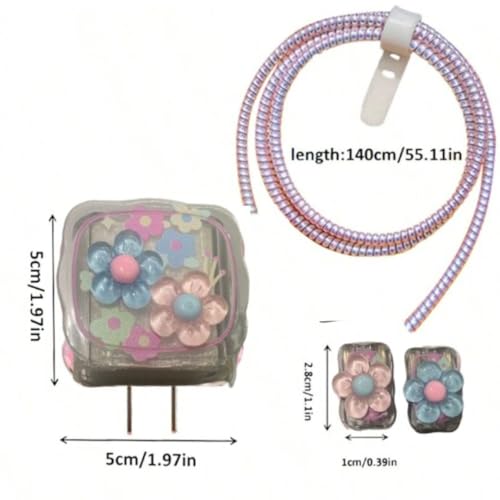 Image of Dezet for iPhone Charger 18-20W Cute Cartoon Charging Cable Protector Set for iPhone Fast Charging USB Cable with Protective Silicone Cover & Organizer Clip Stylish Design (3D-MULTI-FLOWER)