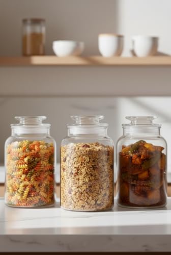 Image of 1500 ml Glass Canister Set of 3 for Kitchen with Airtight Lid and Chalkboard Labels Cookie and Candy Jars Storage Containers