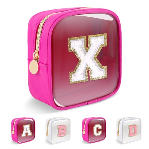 Personalized Initial Letter Clear Preppy Makeup Bag,Mini Nylon Chenille Letter Cosmetic Bag Cute Zipper Pouch Coin Purse for Teen Girls,Portable TSA Approved Travel Essentials Bag Gift for Women,X