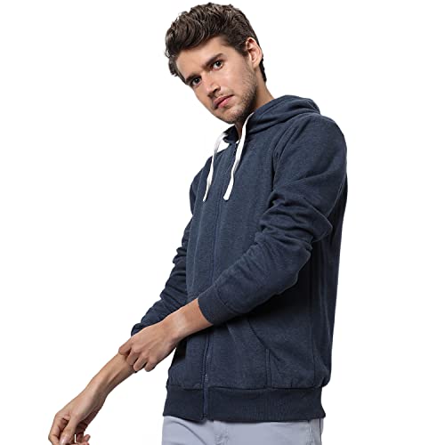 Image of CAHOOT Men's Dark Blue Zip-Front Hoodie with Contrast Drawstring for Casual Wear | Long Sleeve | Hooded Neck | Zipper Closure | Cotton Sweatshirt Crafted with Comfort Fit for Everyday Wear