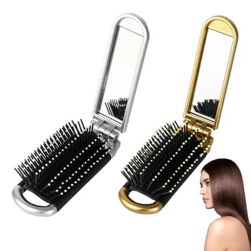 YUVKIN 2 Pcs Spazzola da Viaggio con Specchio Integrato Mini Spazzola per Capelli Pieghevole Pettine Portatile per Donna Uomo (Dimensione da Viaggio) (Oro, Argento)