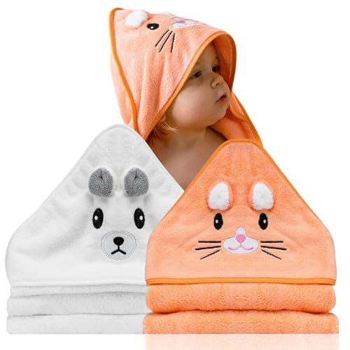 Lot de 2 serviette de bain a capuche bebe – Idée Cadeau Naissance Garçon – Cape de bain bebe animaux 0-3 ans – Sortie de bain bebe douce – serviette...