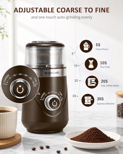 Image of SHARDOR Electric Super Silent Blade Coffee Grinder, Timed Grind Control Rotary Knob, Adjustable Coarse to Fine for Coffee Beans, Spices & Herbs, with 2 Removable Stainless Steel Bowl, Brown