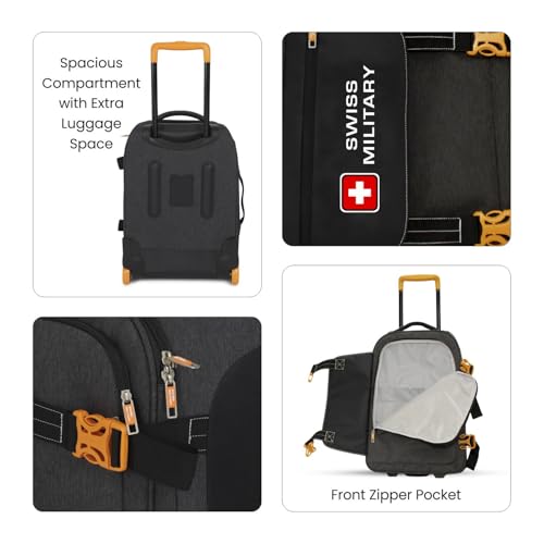 Image of SWISS MILITARY Honey 45L Charcoal Grey Soft Cabin Luggage Trolley Bag, Unique Design, Silent Glide 2-Wheel System, Quick Access Pockets, Separate Wet Pouch, Durable Base, Lightweight Travel Suitcase
