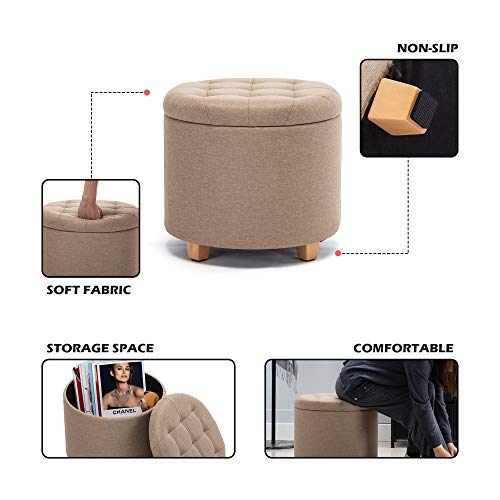 HNNHOME 45 cm ronde linnen Ottomaanse opbergkruk met gewatteerde zitting, voetenbank, poef, stoel met deksel (Beige) - Afbeelding 5