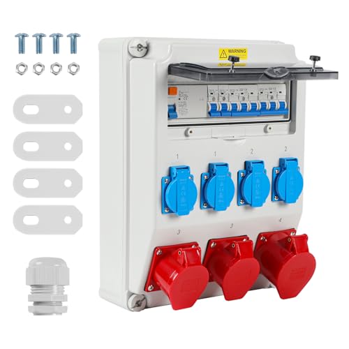 Hebitod Verteiler für Baustellen, Wandverteiler, 1x32A 2x16A 4x230V MIT LS+FI mit Schutzschalter, Wandverteiler mit RCCB, CEE Steckdose 16/32A für Baustellen