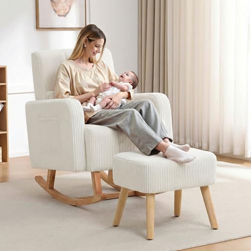 Image of HCHAIRH Rocking Chair with Ottoman, Corduroy Upholstered Glider Rocker with High Backrest and Side Pocket, Comfy Reading Chair with Solid Wood Legs for Nursery, Living Room,Bedroom Beige
