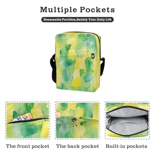 KLL Abstract Watercolor Lemon Yellow Light Green small messenger bag for men Vegan Leather Small Crossbody Bags Travel Shoulder Handbag2