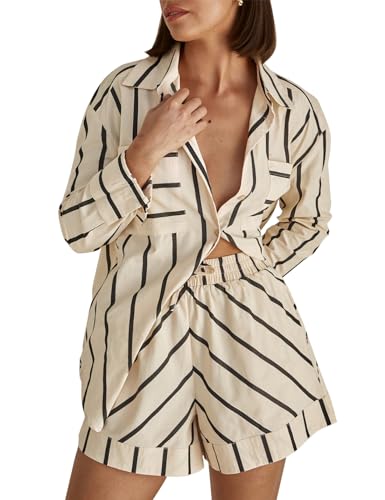 Women's Striped 2 Piece Outfits Casual Button Down Shirts and Shorts Drawstring Pajamas Lounge Matching Sets