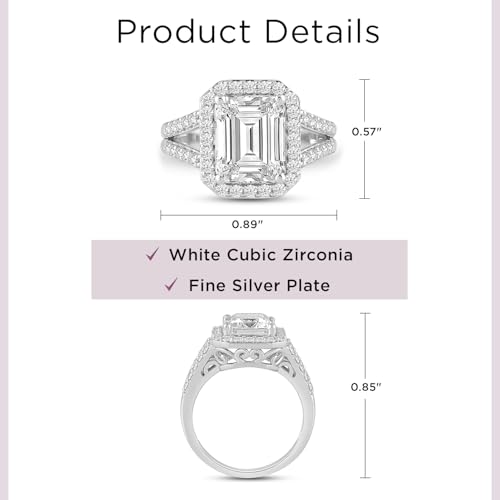 Jewelili Fine Silver Plate Octagonal & Round-cut Cubic Zirconia Halo Engagement Rings for Women4