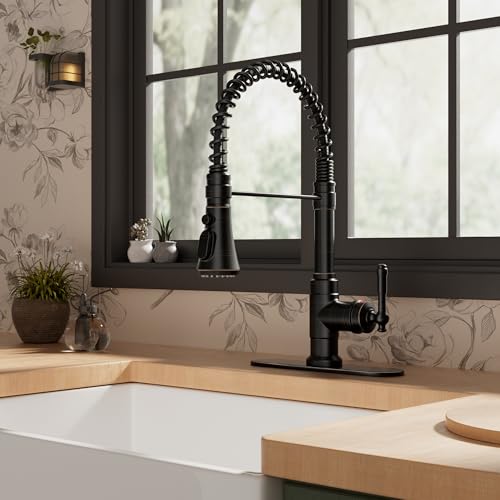 Image of FORIOUS Antique Kitchen Faucet with Pull Down Sprayer, Oil Rubber Bronze, High Arc Single Handle Vintage Spring Sink Faucet 1 or 3 Hole for Pot Filler, Farmhouse Camper Laundry Camper
