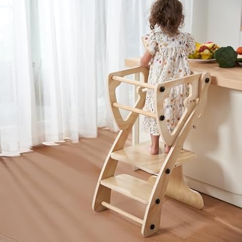 Toddler Standing Tower, 2 in 1 Toddler Kitchen Step Stool Helpers, Adjustable Height with Safety Rails Cover