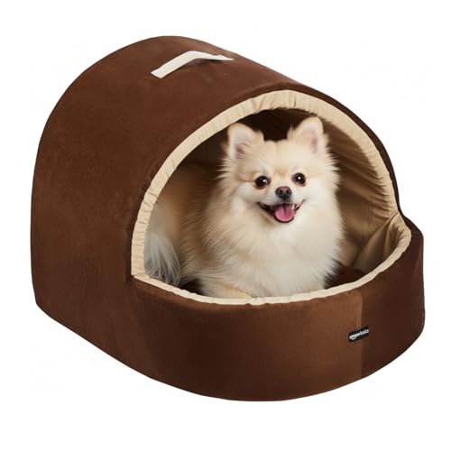 Image of Amazon Basics Pet Bed Cave | Soft & Warm Indoor Tent Bed for Cats, Kittens & Small /Medium Dogs (Pug, Beagle, Shih Tzu) | Foldable with Removable Cushion | Russet & Beige | 59 x 56 x 48 cm