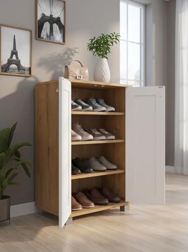 Image of Mevigo Wooden Shoe Rack Cabinet for Entryway - Modern 2 Door 4-Tier Storage Organizer, Wooden Cupboard for Home, Space Saving Shoe Rack Wallnut Shoes Storage Cabinet -White-RB2