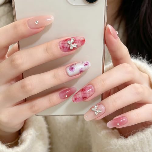 Image of 30 Pcs Nail Extensions For Women, Press On Nails Kit With Pink Rose Dyeing Bow Design, Oval Shape Artificial Nails In 15 Sizes, Reusable Nail Tips For Special Occasions