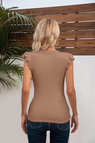 Image of VICHYIE Summer Women Ruffle Cap Sleeve Pretty Fitted Shirt | Ribbed Knit, Basic, Casual, Fashion Blouse, Solid Color