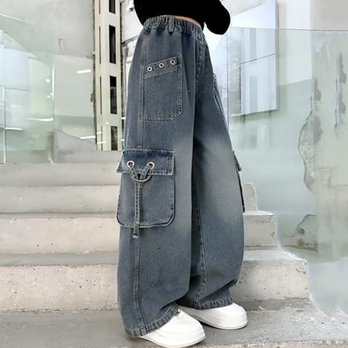 Girls Wide Leg Cargo Jean Baggy Flap Pocket Y2K Streetwears