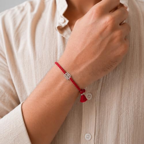 Image of MAIRA 925 Sterling Silver Premium Designer Bracelet Rakhi for Brother | Handmade Raksha Bandhan Sacred Thread with Silver-Tone Geometric Charm & Adjustable Red Braided Cord | Traditional Festival Rakhi Gift (FLOWER)