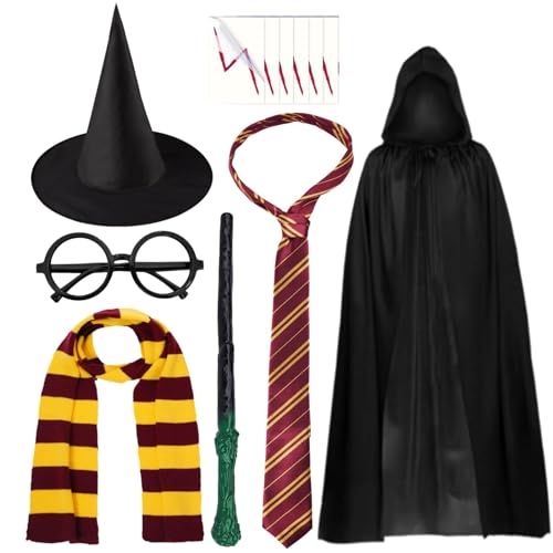 Kavoc Disfraz de Wizard World para cosplay, bufanda de rayas rojas y amarillas, pajarita, sombrero de bruja, capa de gafas negras, para el Día Mundial del Libro (S)