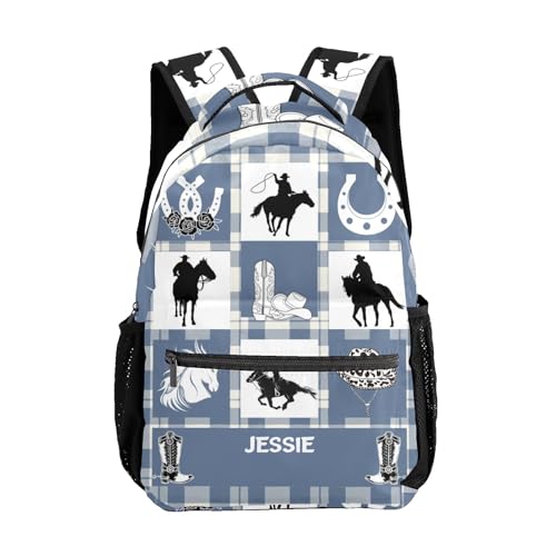 Personalized Name Cowboy Boot Hat Plaid Bookbag with Name,Custom Name Giftize Back Pack, Fashion, Adjustable Shoulder Straps