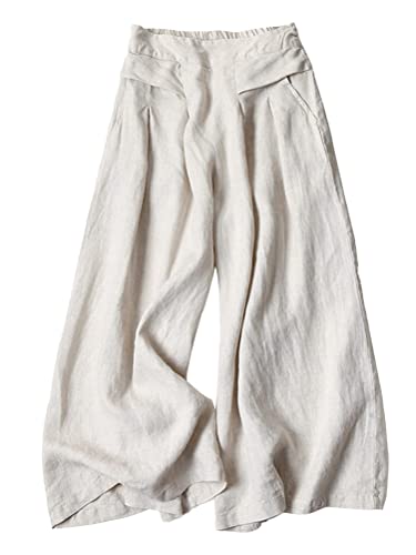 shownicer Pantalons Femme Fluide Large Grande Taille Eté Coton Décontractée Pantacourt Tondu 7/8 Taille Élastique Pantalons avec Poches Sport Yoga A Beige XL