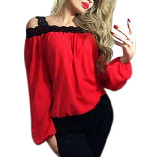 Koly Chemisier Femme Chic Ete 2016 Femme Sexy ÉPaule Off à Manches Longues en Dentelle Chemisier en Mousseline LâChe Haut T-Shirt (XL-Buste:37,8 à 45,7, Rouge)