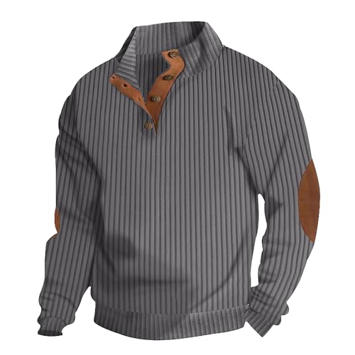 Men's Quilted Sweatshirt Casual Corduroy Quarter Button Up Pullover Long Sleeve Stand Collar Polo