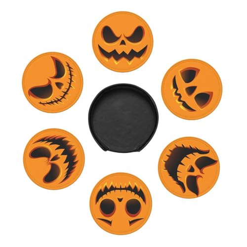 6 Pcs Halloween Pumpkin Drink Coasters with Holder Coasters for Drinks Coffee Table Home Decor Housewarming Gift