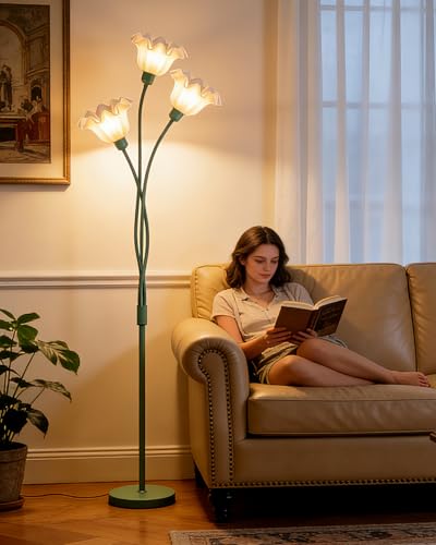 Image of Flower Floor Lamp for Living Room, Modern Tree Floor Lamp with Adjustable Heads, 3 Light 3000K Soft Warmwhite Mid Century Standing Tall Lamp with 5Lbs Heavy Base for Bedroom Kids Room-Green