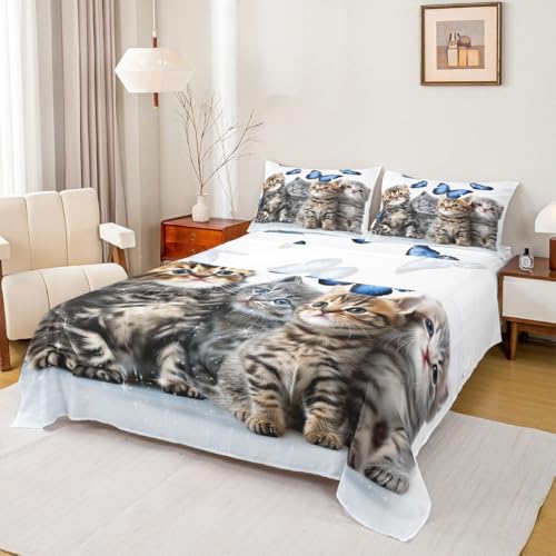 Ensemble draps chat mignon pour lit king enfants, 4 pièces, bleu papillon