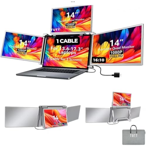 Image of TUTT 14 inch Triple Portable Monitor | Single Cable Setup 16:10 Ratio | Laptop Quad Screen Extender | S780 | 90-Minute Tech Support