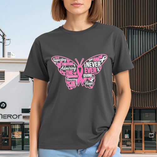 Image of Breast Cancer Survivor Butterfly Shirt for Women-Pink Ribbon Short Sleeve | With Hope Slogan Print Tee Top Ideal for Breast Cancer Group Uniform for Awareness Month & Survivor Memorial Gathering