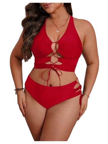 Image of SOLY HUX Women's Plus Size Bikini Set Sexy Swimsuit Lace Up Tummy Control 2 Piece Bathing Suit