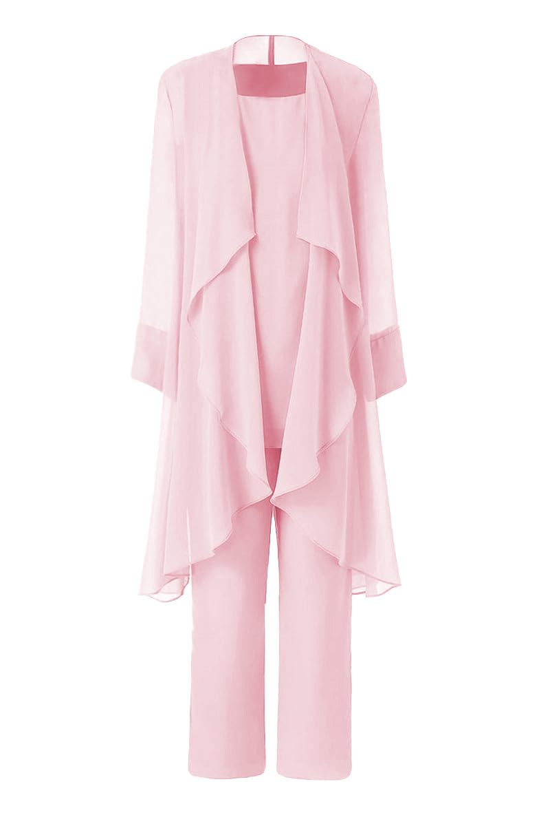 Leader Of The Beauty Women's Pink Mother Of The Bride Pant Suits 3 Pieces Chiffon Outfit Sets For Wedding Pant Suit With Jacket