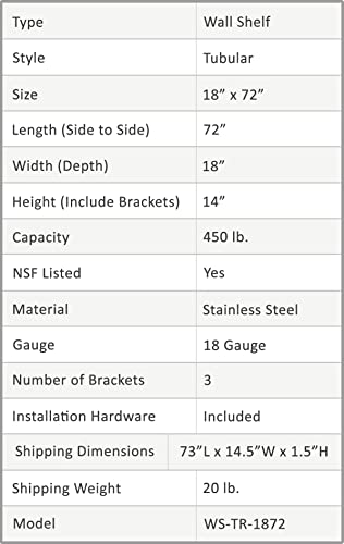 Image of AmGood 18 in. x 72 in. NSF Stainless Steel Tubular Wall Shelf | Heavy-Duty Metal Shelving for Appliances & Equipment | Ideal for Kitchen, Restaurant, Garage, Laundry, Utility Room