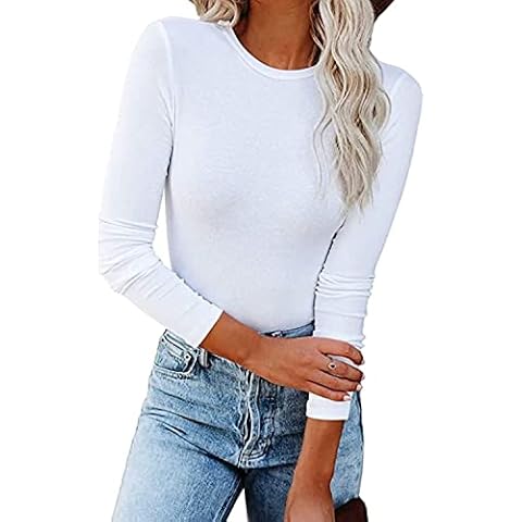 Womens Long Sleeves White Shirt Thermal Underwear Round Neck Layer Tee Comfy Slimming Undershirts White Medium Cover