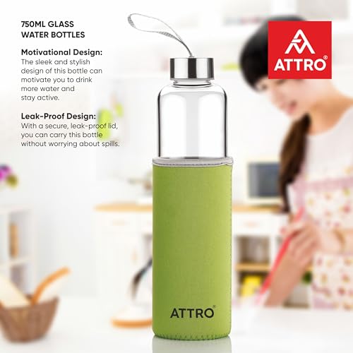 Image of ATTRO Prime Glassox Aqura Glass Water Bottle, Leakproof, Set Of 3-Green-750ml