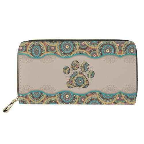 Poceacles Boho Mandala Dog Paw Print Leather Wallet Change Purse for Women Men, Zip Closure Money Key Phone Organizers Case