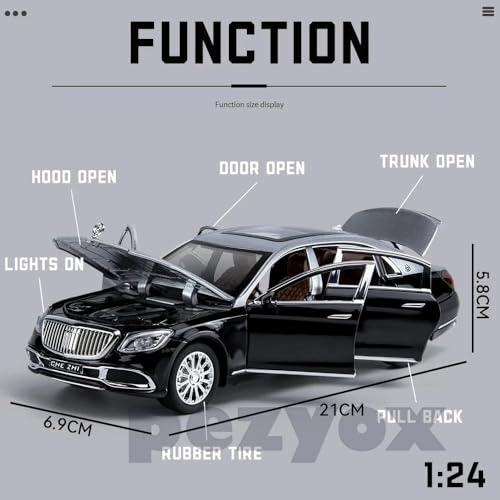 Image of Mercedes Benz Maybach S600 1:24 Big Size Diecast Scale Model Alloy Metal Pull Back Toy car for Kids with Openable Doors & Light, Music Toy Vehicle for Kids (Silver+Black)