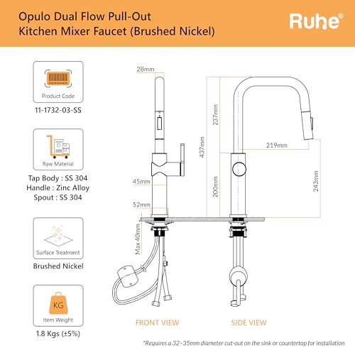 Image of Ruhe Opulo Dual Flow Pull-out Kitchen Mixer Faucet - Brushed Nickel | 360 Swivel | Hot & Cold Water Faucet | Single Lever Tap | Table Mounted Kitchen Sink Tap