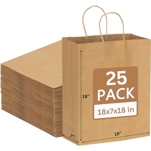 JET PAPER BAGS - 18x7x18 Inch [25 Pcs] Large Brown Paper Bags with Handles Ideal for Takeout, Grocery, Goody, Retail, Party, Gifts, Weddings - Recyclable Kraft Paper Gift Bags with Handles