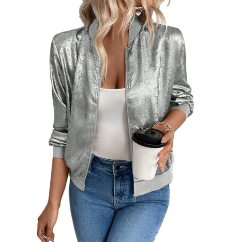 Yeshire Womens Lightweight Zip Up Jacket Cropped Bomber Jackets Shiny Casual Outerwear Windbreaker Medium Light Silver