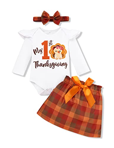 Image of My First Thanksgiving Outfit Newborn Baby Girls Ruffle Bodysuit + Plaid Skirt + Headband Thanksgiving Clothes Set