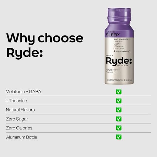 Image of Ryde: SLEEP | 2oz Sleep Shot for Occasional Use | Melatonin, GABA, L-Theanine & Chamomile | Blackberry Natural Flavor | Sugar-Free, Zero Calories, Vegan | Manufactured in USA (8 Pack)