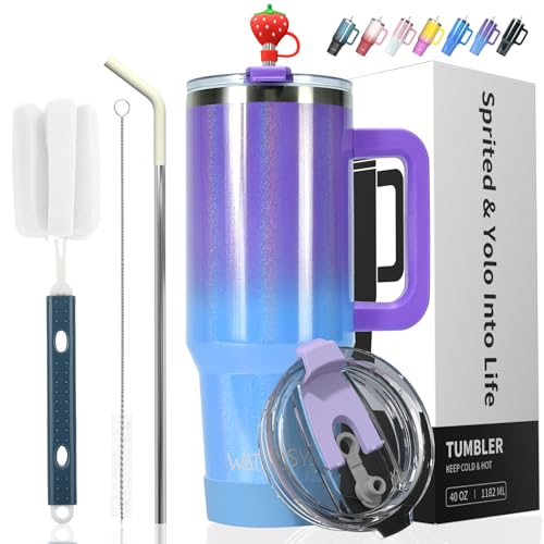 WATERSY Doppelwandiger 40oz Kaffeebecher to Go Thermobecher Edelstahl Vakuum Auslaufsicher Trinkbecher mit Griff und Strohhalm Thermo Tumbler Lila Blau Glänzend