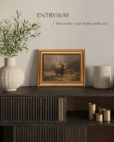 Image of HUARCEY Gold Framed Vintage Wall Art for Living Room, Animals Painting Prints Shelf Decor for Kitchen, Aesthetic Bedroom Wall Art, Best Gifts for Friends or Family - Highland Cattle 10L x 8W