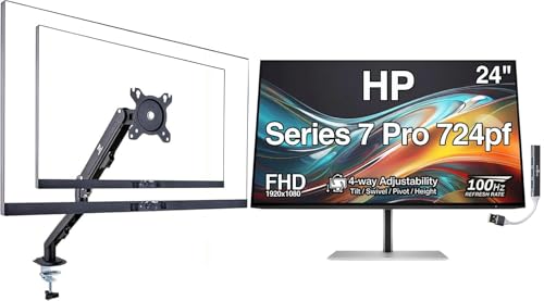 Image of HP Series 7 Pro 724pf 24 inch FHD IPS Monitor, 4-Way Adjustable, VESA | Anti-Glare, Flicker Free, 100mm VESA, DisplayPort, HDMI, 1 Pack w /DKZ Hub & ErgoFlexy Single Mount Arm