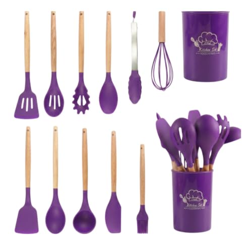 Lot de 12 ustensiles de cuisine en silicone avec manche en bois - Batterie de cuisine complète, robuste et durable (violet)