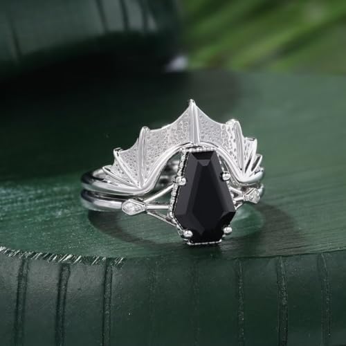 IVANKA Coffin Shaped Black Onyx Engagement Ring Set- Gothic Diamond Ring Set- Three Stone Ring Bat Bridal Set- Anniversary Ring- Handmade Jewelry4