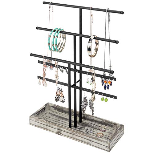 MyGift 3-Tier Tabletop Black Metal Jewelry Display Rack Organizer Tower Stand with Necklace T-Bars, Earring Hangers & Torched Wood Ring Tray